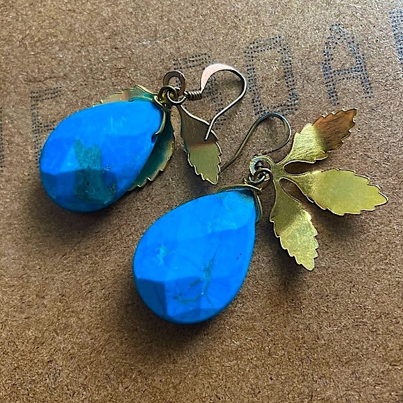 Blue Drop Earrings with Gold Accents - Picture 3 of 5